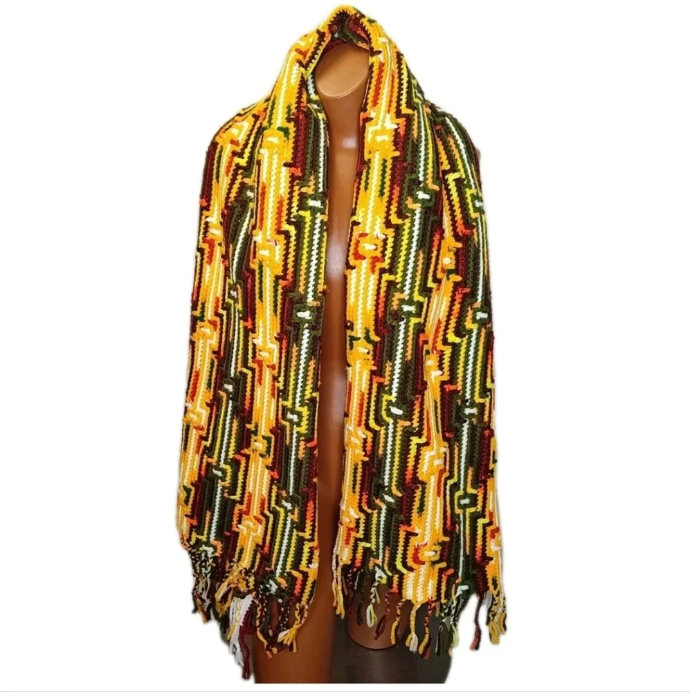 Retro 70s Fringed Crochet Blanket Scarf Wrap Shawl Handmade Lap Throw Fall 36/72